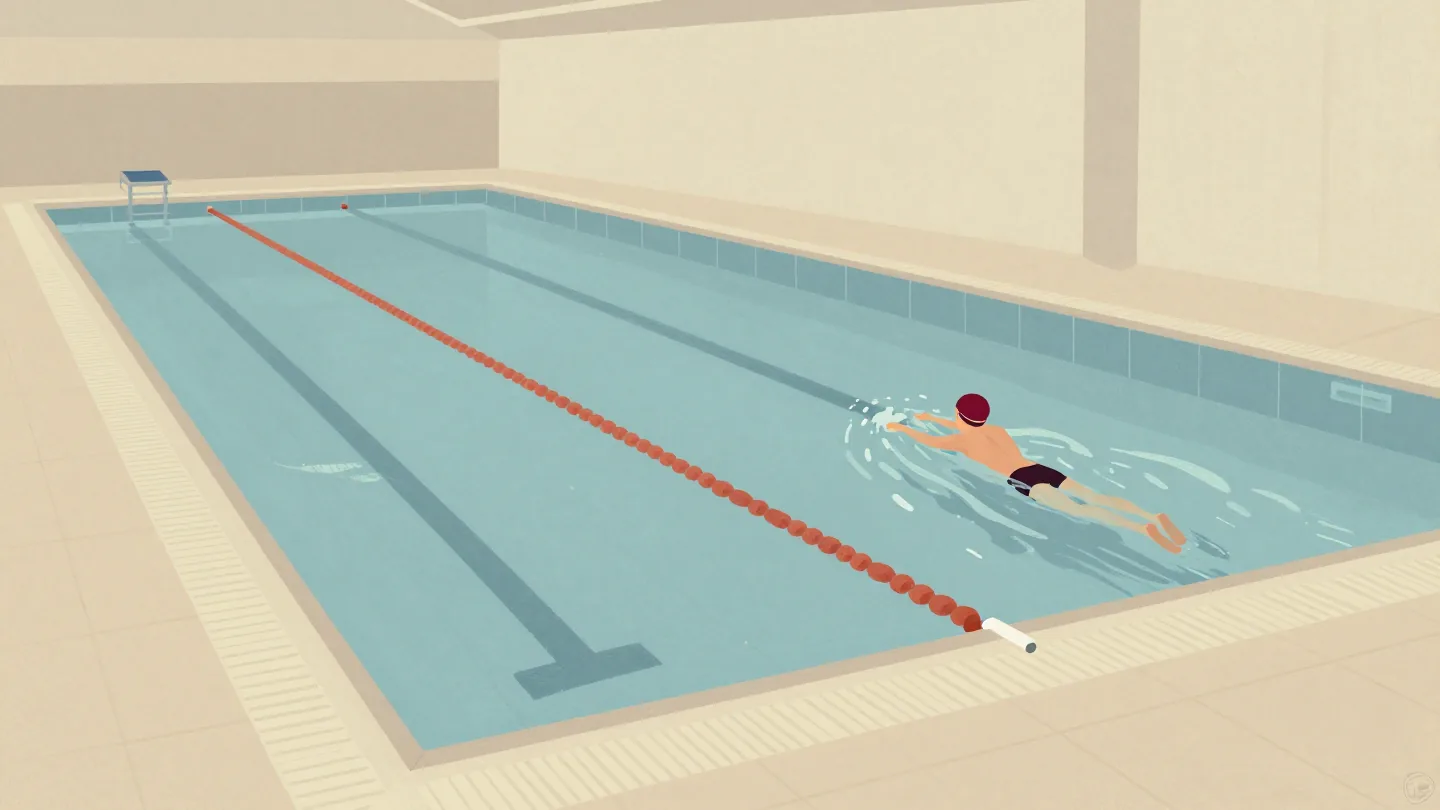 A lone swimmer in a red cap still doing lengths in an almost empty evening pool