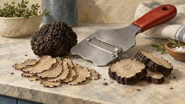 A truffle shaver making thin slices beside a few thick slices