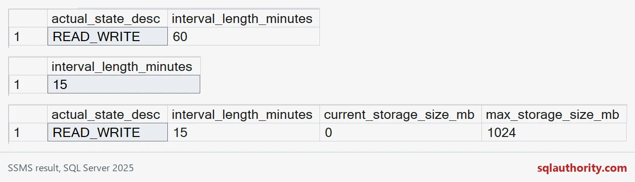 Result grids showing the Query Store interval and storage settings