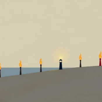 A line of hilltop beacon fires along a coast at dusk, one beacon in the middle dark and unlit.