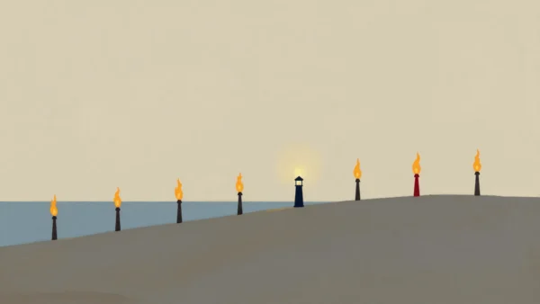 A line of hilltop beacon fires along a coast at dusk, one beacon in the middle dark and unlit.