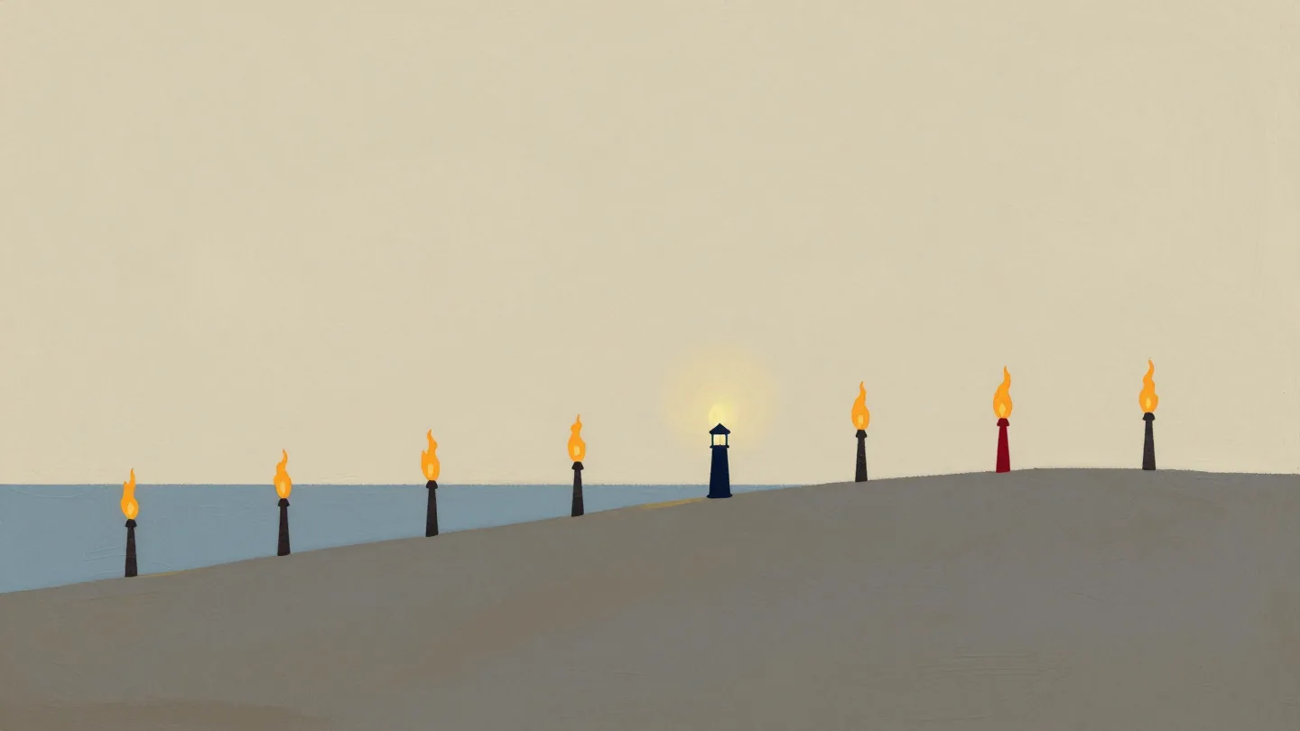 A line of hilltop beacon fires along a coast at dusk, one beacon in the middle dark and unlit.