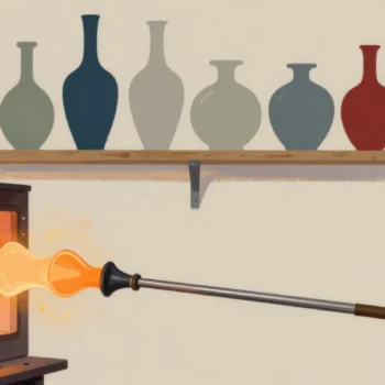 A glassblower turning a half-formed glowing vase on a blowpipe, finished vases cooling on a shelf behind