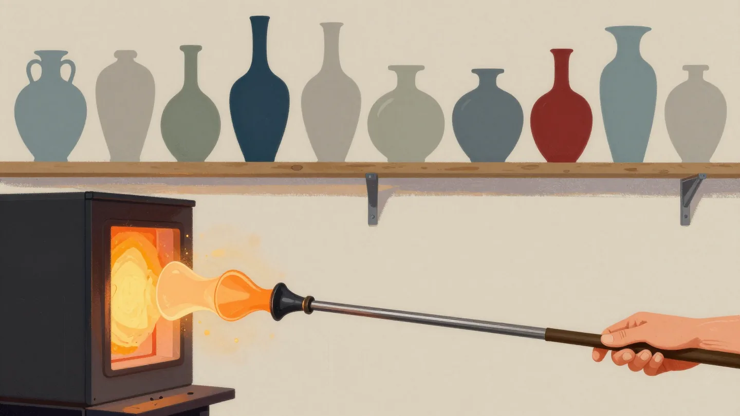 A glassblower turning a half-formed glowing vase on a blowpipe, finished vases cooling on a shelf behind