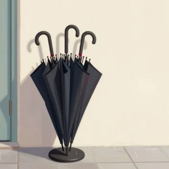 A cafe umbrella stand full of identical black umbrellas, each handle tied with a different colored ribbon.