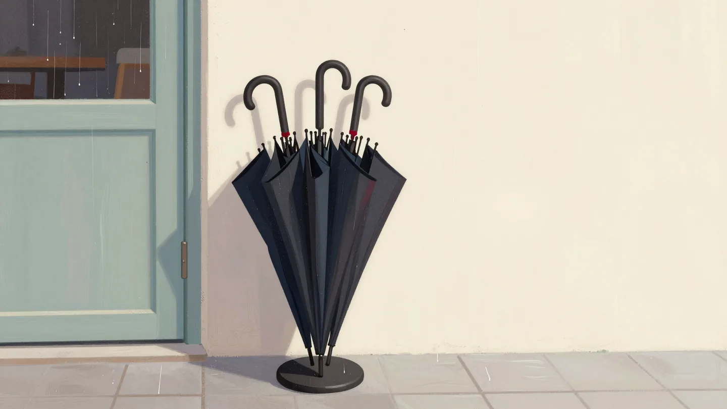 A cafe umbrella stand full of identical black umbrellas, each handle tied with a different colored ribbon.