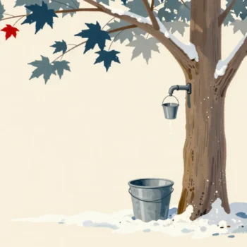 Sap dripping from a spout in a maple trunk into a hanging bucket, a full bucket set aside in the snow