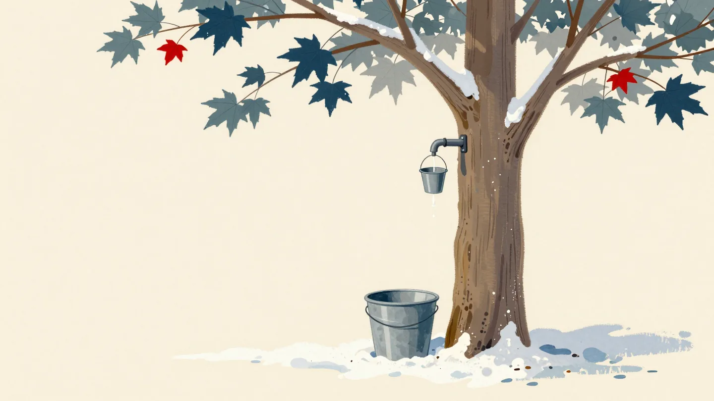 Sap dripping from a spout in a maple trunk into a hanging bucket, a full bucket set aside in the snow