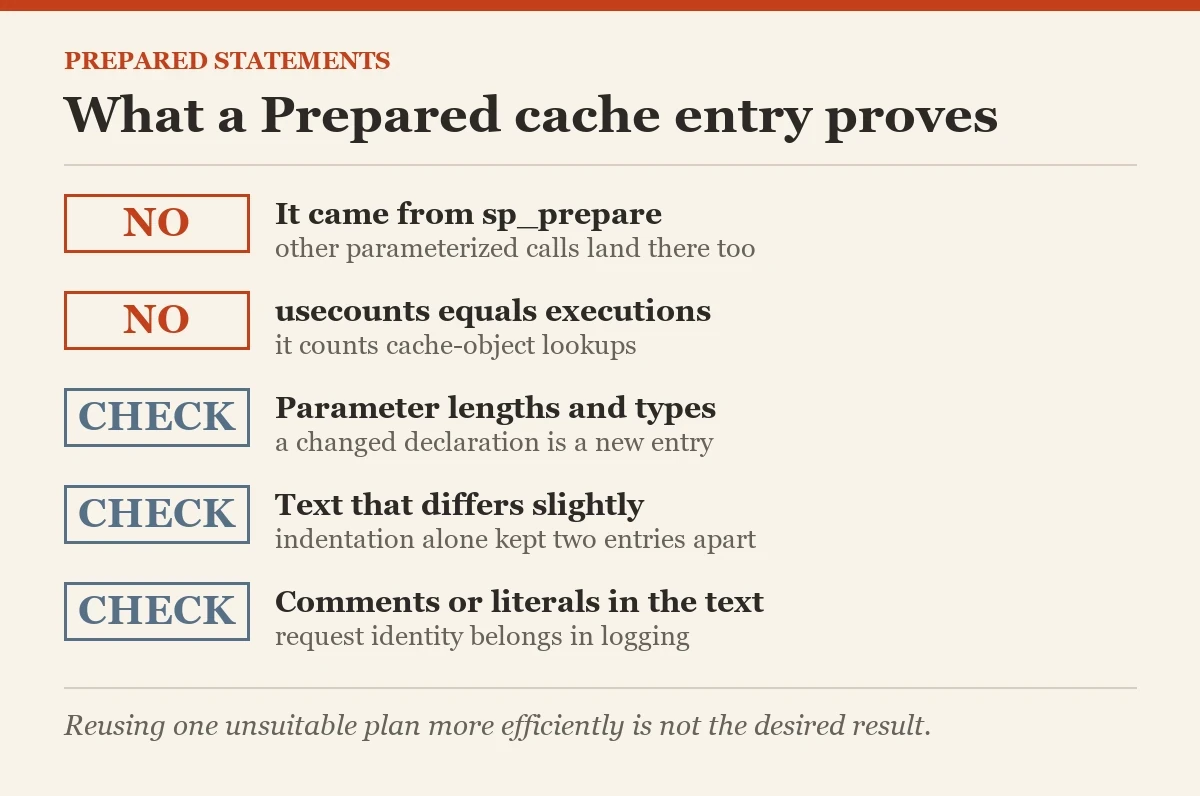 What a Prepared cache entry proves: a checklist on the prepared statements