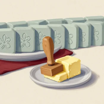 A wooden butter stamp pressing a flower pattern into butter, a row of identical stamped pats behind it.