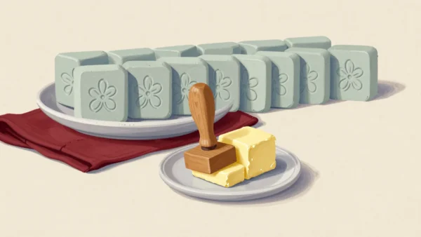 A wooden butter stamp pressing a flower pattern into butter, a row of identical stamped pats behind it.