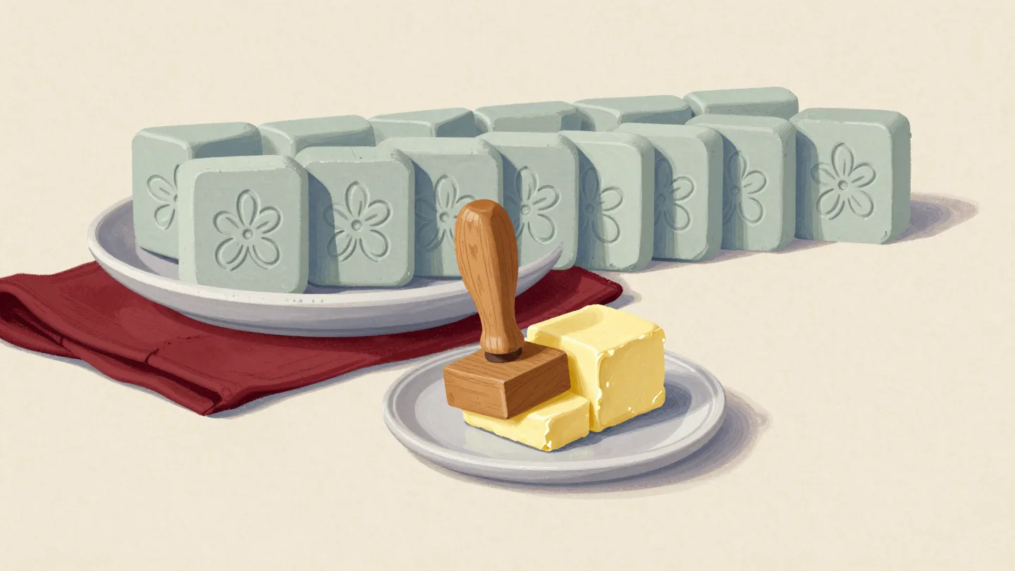 A wooden butter stamp pressing a flower pattern into butter, a row of identical stamped pats behind it.