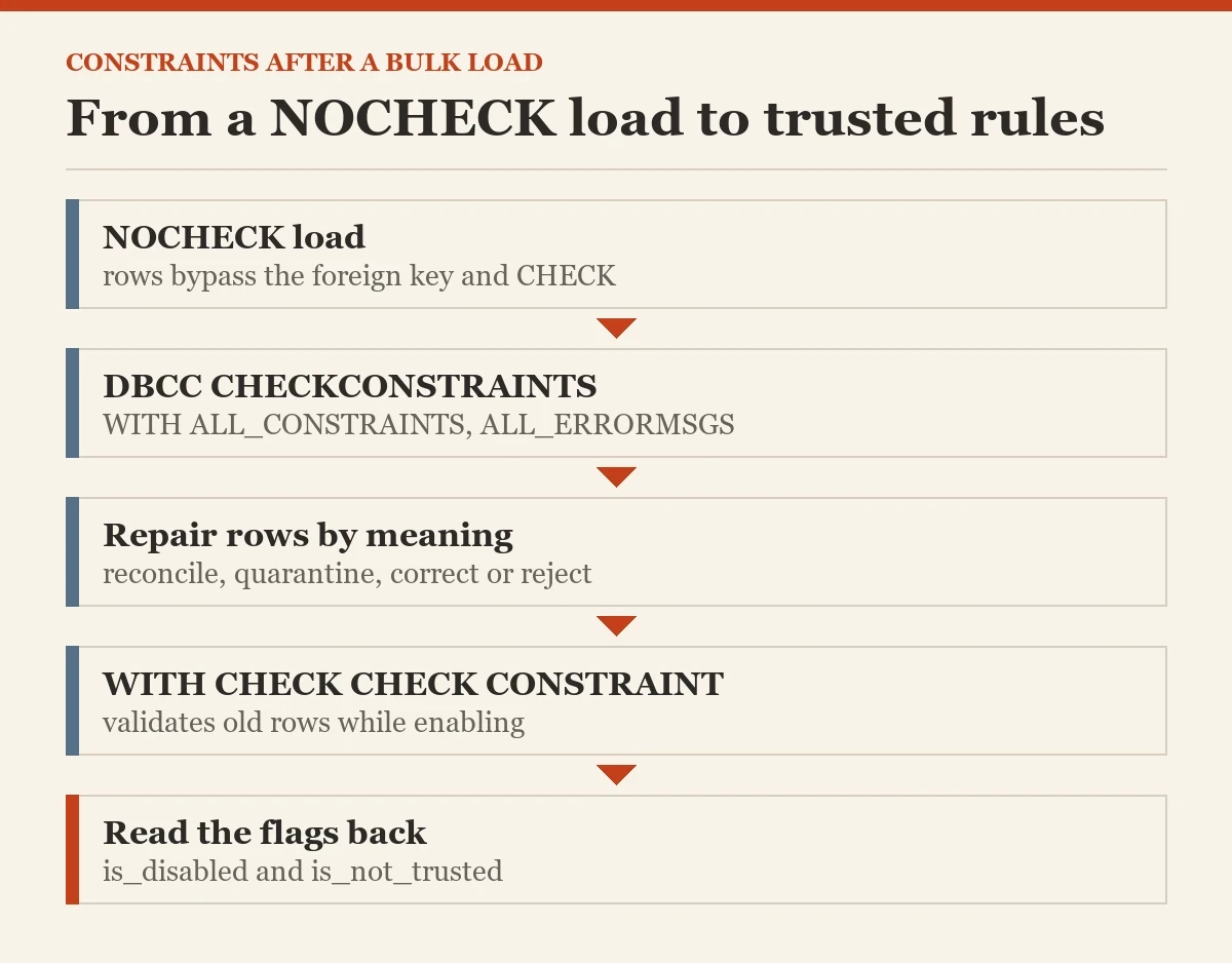 From a NOCHECK load to trusted rules: a diagram about the DBCC CHECKCONSTRAINTS