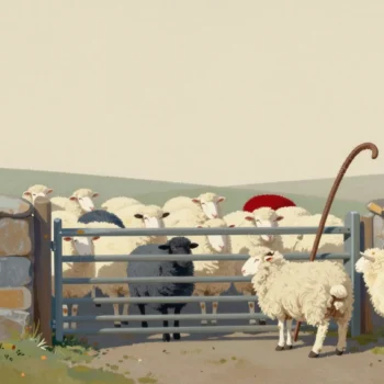 A shepherd's hand checking one darker stray sheep among a cream flock inside a stone-walled pen