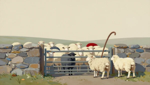 A shepherd's hand checking one darker stray sheep among a cream flock inside a stone-walled pen