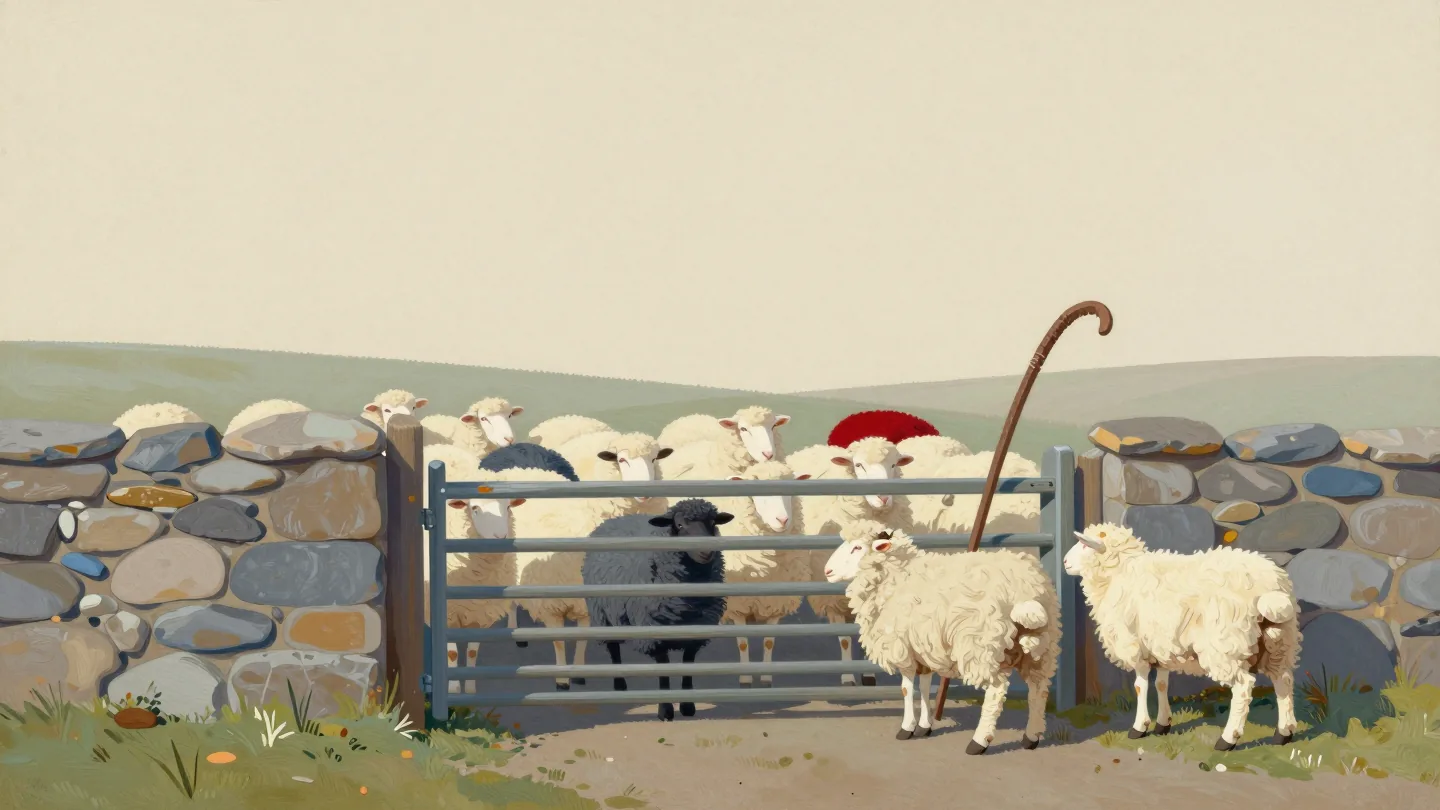 A shepherd's hand checking one darker stray sheep among a cream flock inside a stone-walled pen