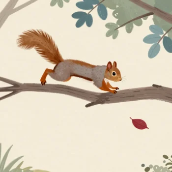 A squirrel mid-leap between two oak branches, the branch it slipped from on its first try still swaying.