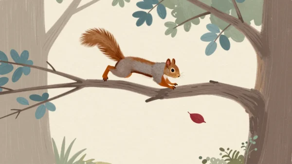 A squirrel mid-leap between two oak branches, the branch it slipped from on its first try still swaying.