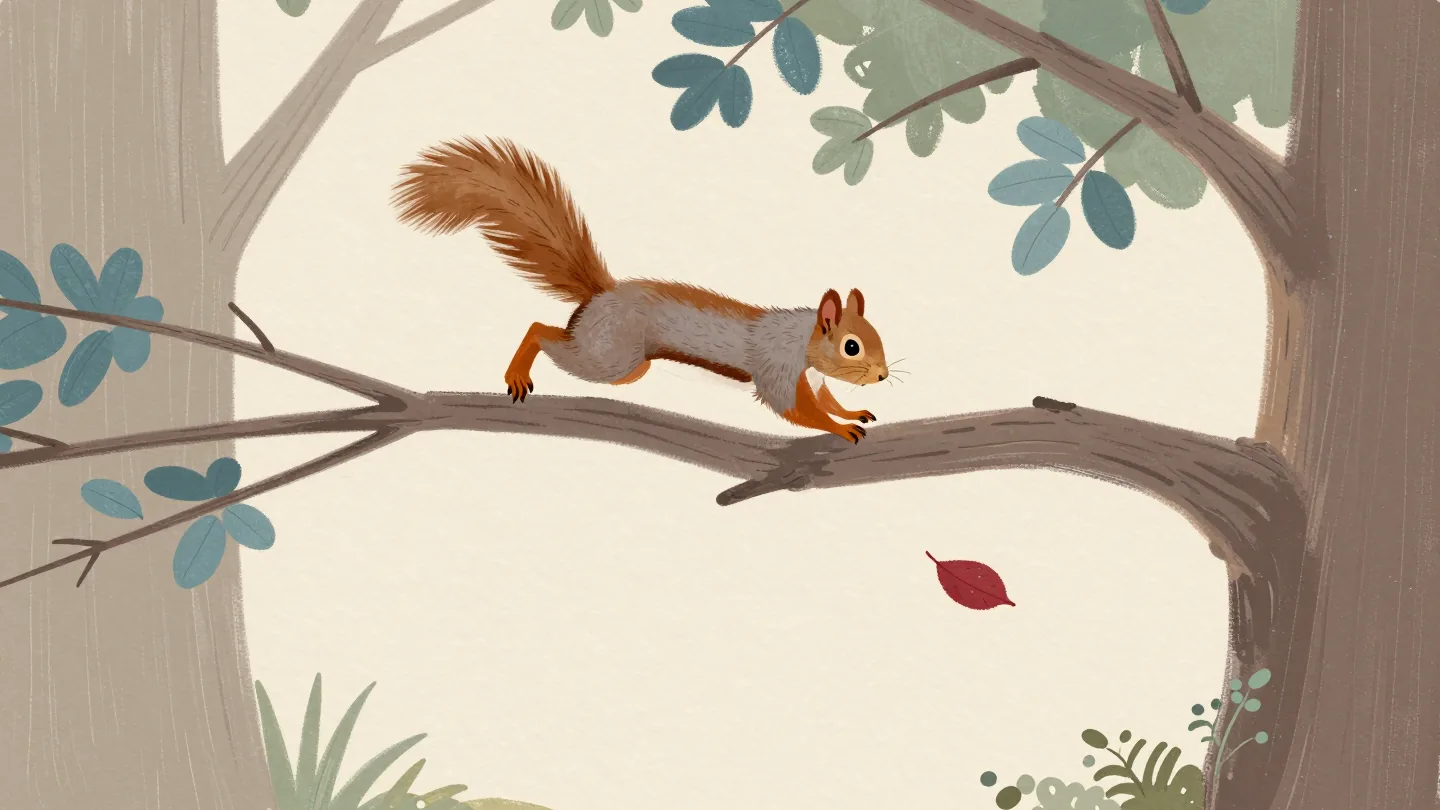 A squirrel mid-leap between two oak branches, the branch it slipped from on its first try still swaying.