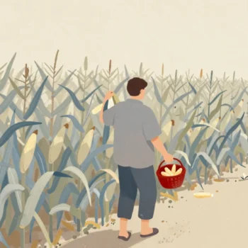 A person walking through a maize field, peeling back one cob every few rows, a small red basket on the arm