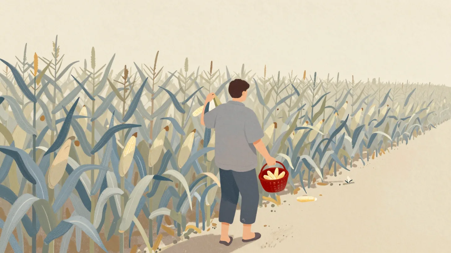 A person walking through a maize field, peeling back one cob every few rows, a small red basket on the arm