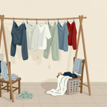 A full clothes airer, with the overflow of wet laundry draped over chairs and a radiator