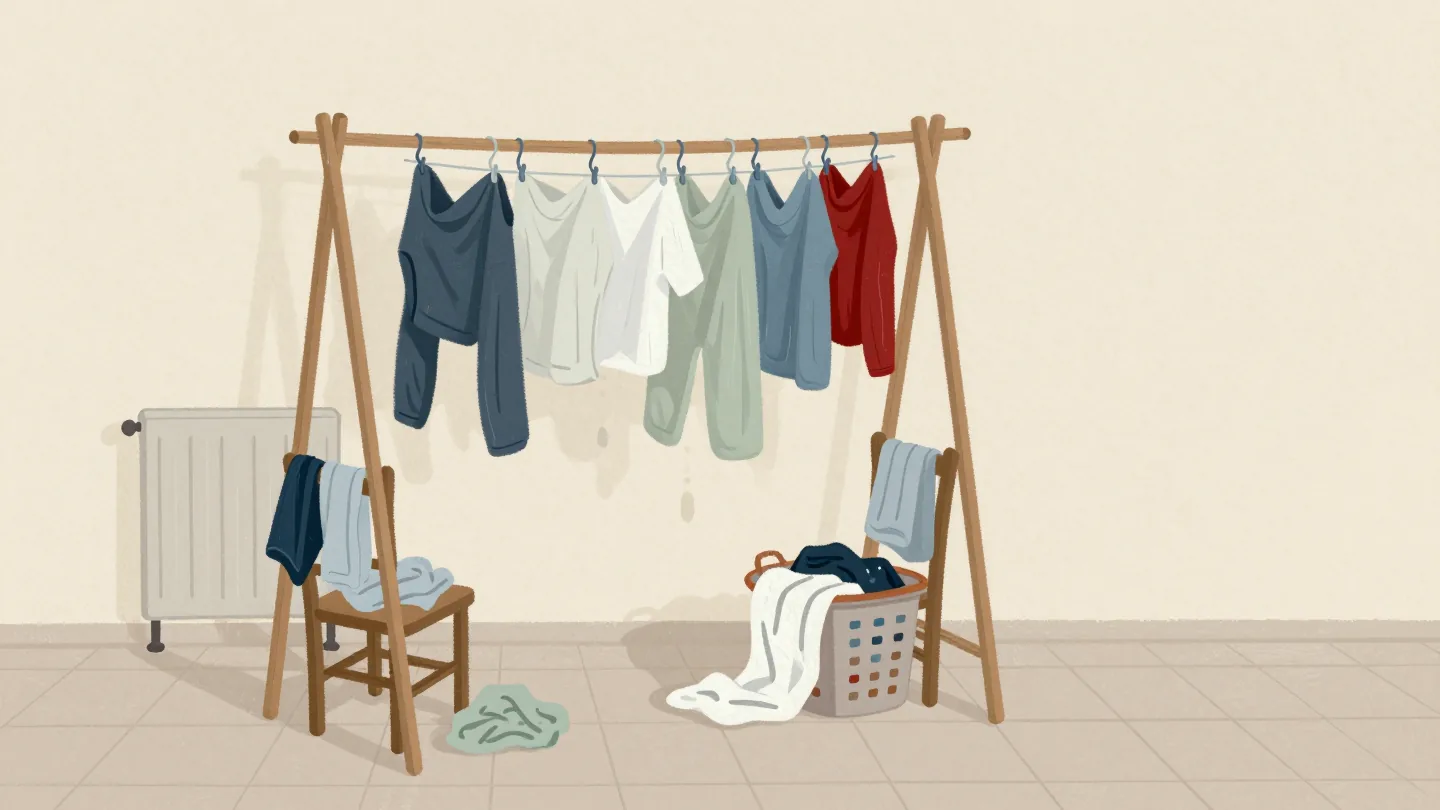 A full clothes airer, with the overflow of wet laundry draped over chairs and a radiator