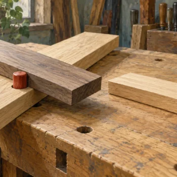 Two boards overlapping at a woodworking bench dog while another pair just touches