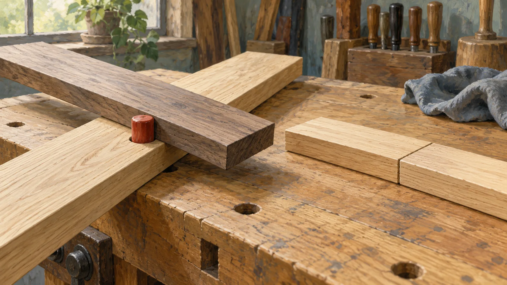 Two boards overlapping at a woodworking bench dog while another pair just touches