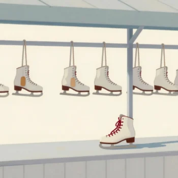 A skate rental counter by an ice rink, pairs of skates on hooks and one pair with vermilion laces.