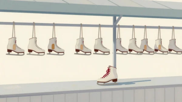 A skate rental counter by an ice rink, pairs of skates on hooks and one pair with vermilion laces.