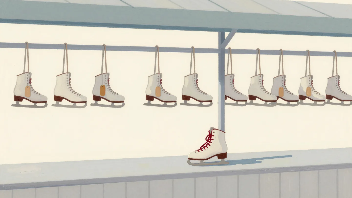 A skate rental counter by an ice rink, pairs of skates on hooks and one pair with vermilion laces.