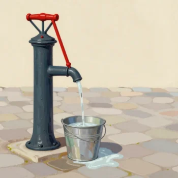 A market square water pump pouring into a bucket with a smaller bucket nested inside it, water spilling over.