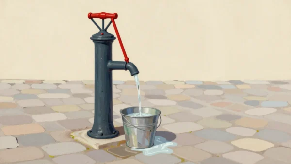 A market square water pump pouring into a bucket with a smaller bucket nested inside it, water spilling over.