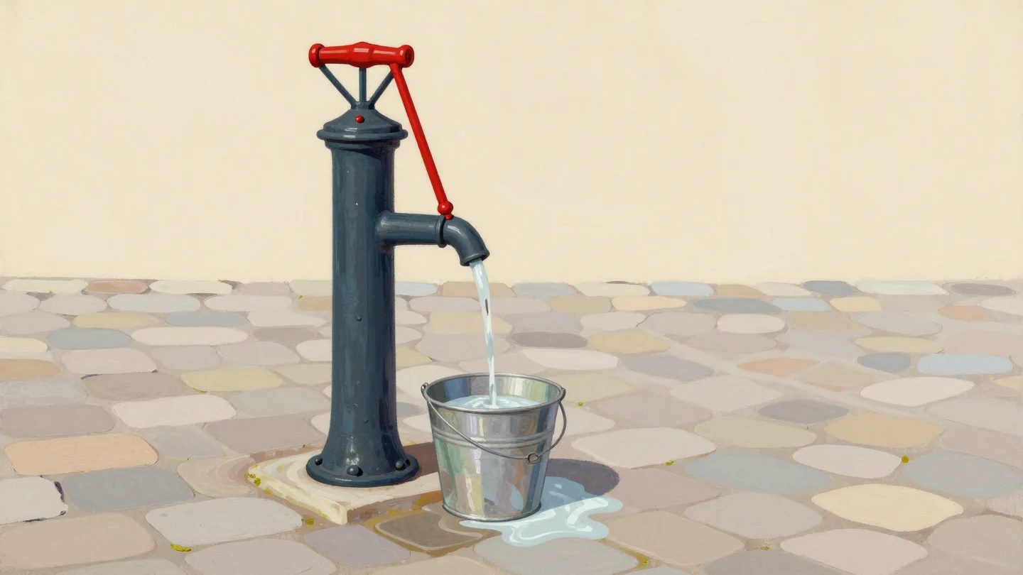 A market square water pump pouring into a bucket with a smaller bucket nested inside it, water spilling over.