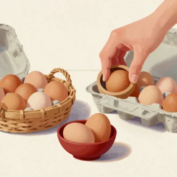 A hand testing eggs through a wooden sizing ring before packing them, two oversized eggs set aside in a red bowl.