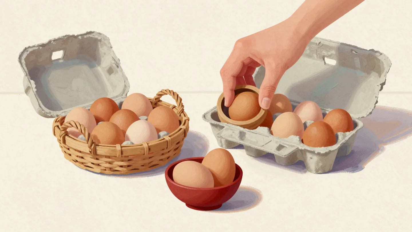 A hand testing eggs through a wooden sizing ring before packing them, two oversized eggs set aside in a red bowl.