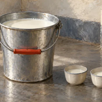 A milking pail with two portions of fresh milk added beside a larger retained total