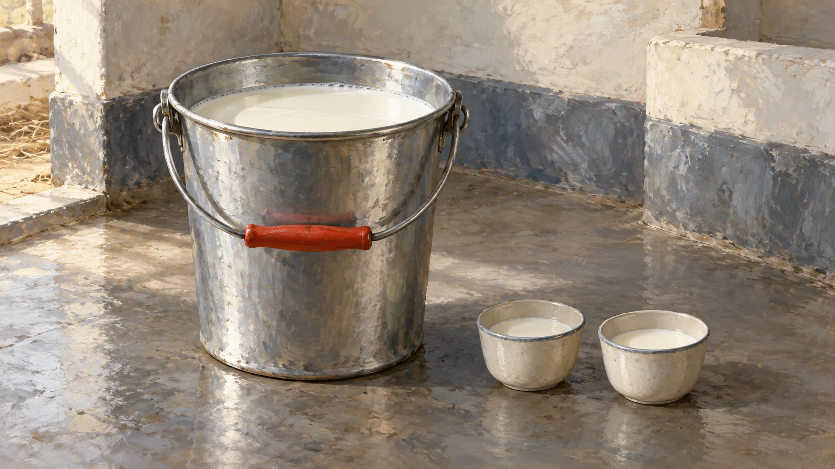 A milking pail with two portions of fresh milk added beside a larger retained total