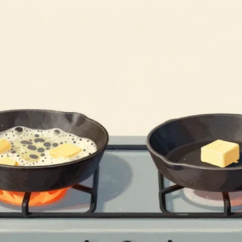 Two frying pans on a stove, butter sizzling in the hot one and sitting solid in the cold one.