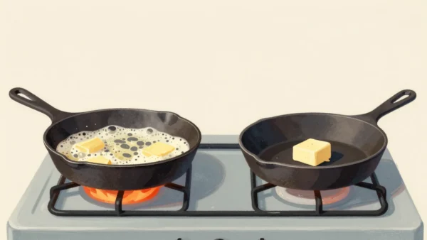 Two frying pans on a stove, butter sizzling in the hot one and sitting solid in the cold one.