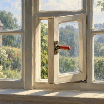 A sash window latch selecting one pane within a larger window frame