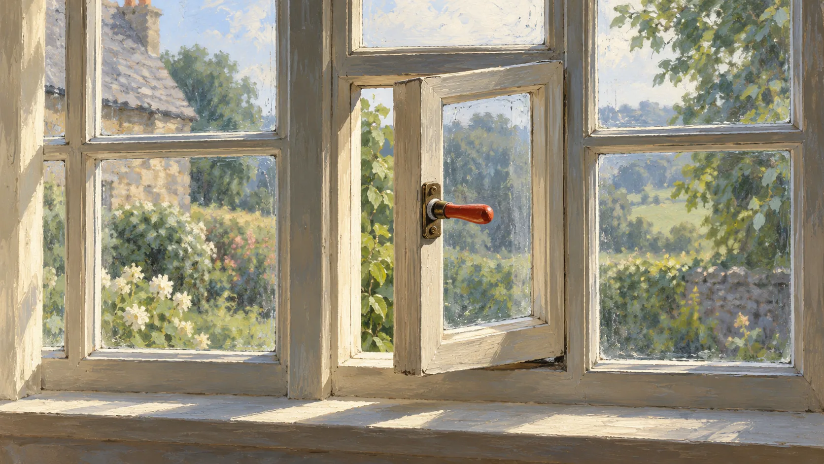 A sash window latch selecting one pane within a larger window frame
