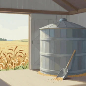 A nearly empty grain bin with a scoop in a barn, a field of ripening wheat seen through the open door