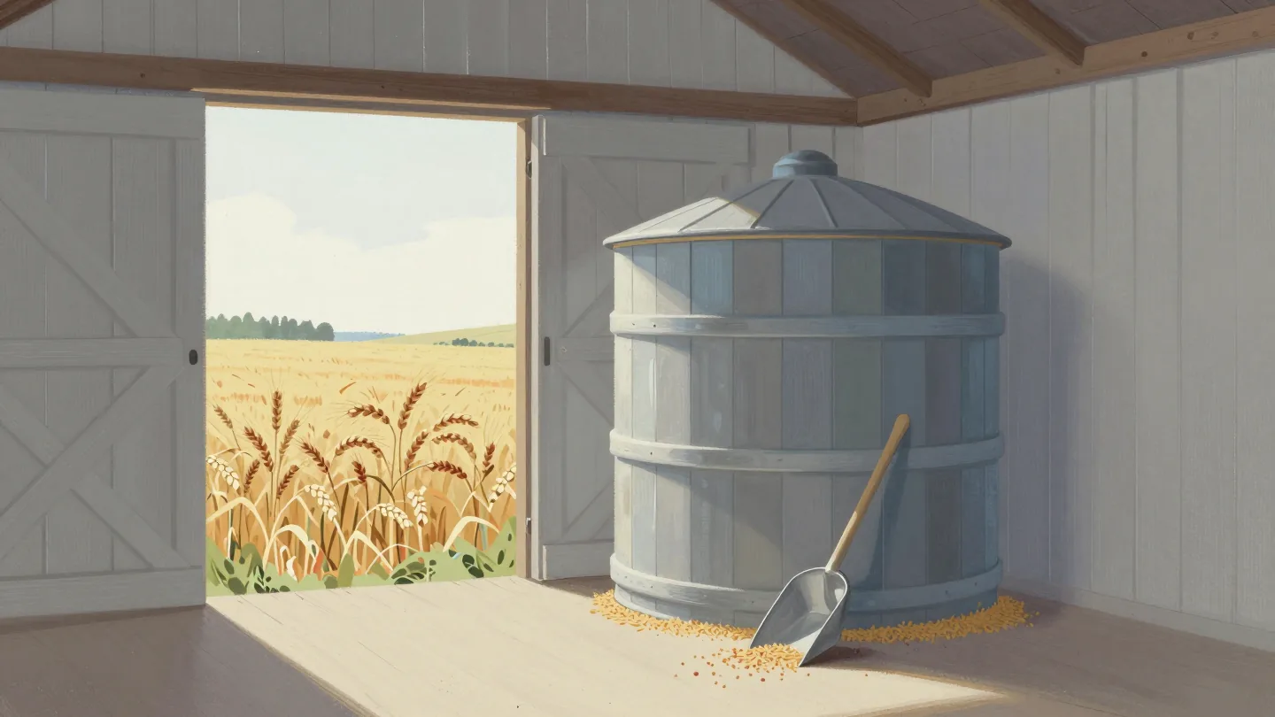 A nearly empty grain bin with a scoop in a barn, a field of ripening wheat seen through the open door