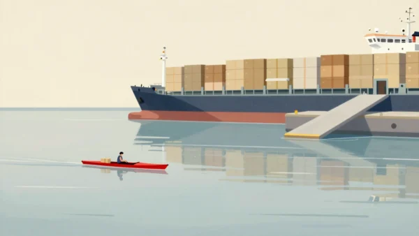 A small vermilion dinghy carrying one tiny parcel across a harbor while dozens more wait on a cargo boat.