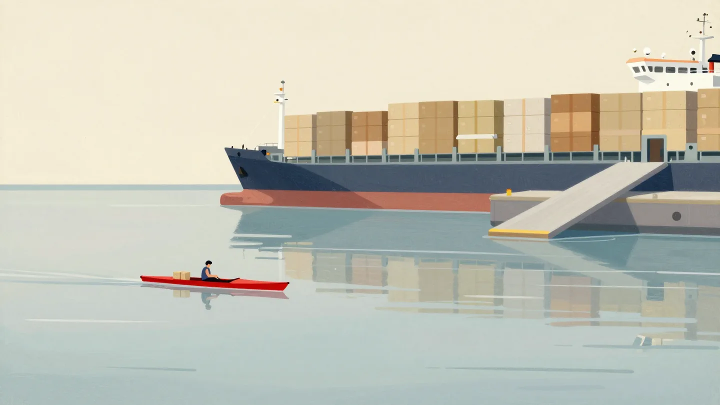 A small vermilion dinghy carrying one tiny parcel across a harbor while dozens more wait on a cargo boat.