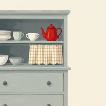 A kitchen dresser with plates and cups on open shelves, one shelf hidden behind a small drawn curtain.