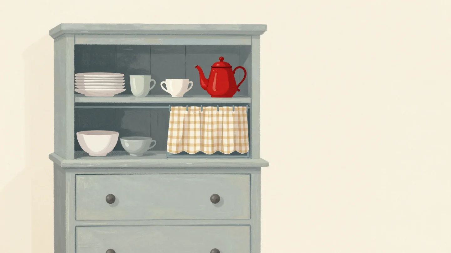 A kitchen dresser with plates and cups on open shelves, one shelf hidden behind a small drawn curtain.