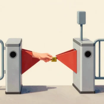 A hand holding a brass pass token to a locked iron turnstile between two sections of an empty stadium.
